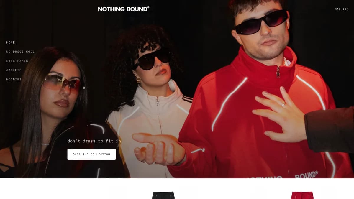 Captura superior de Nothing Bound con hero de campaña, navegación por categorías y productos de la marca.